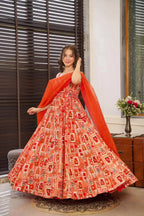 Sonakshi Women's Red Silk Digital Print Full Round Flair Anarkali Gown Set With Dupatta | Grocsy