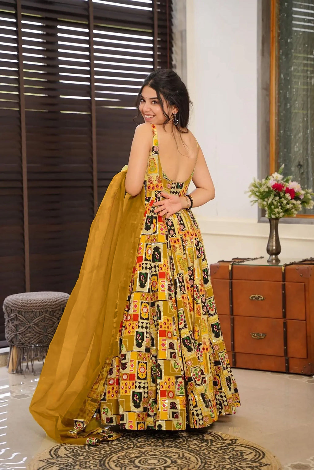 Sonakshi Women's Yellow Silk Digital Print Full Round Flair Anarkali Gown Set With Dupatta | Grocsy