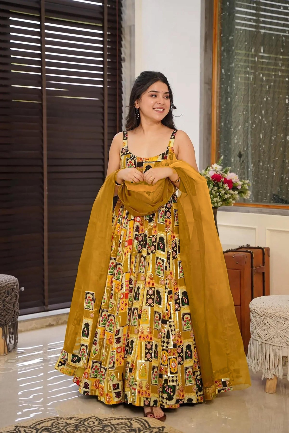 Sonakshi Women's Yellow Silk Digital Print Full Round Flair Anarkali Gown Set With Dupatta | Grocsy