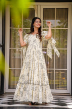 Sonakshi Women's Cream Rayon Digital Print Full Round Flair Anarkali Gown Set | Grocsy