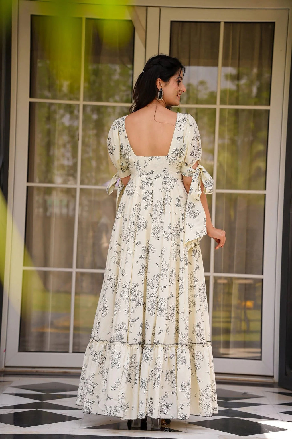 Sonakshi Women's Cream Rayon Digital Print Full Round Flair Anarkali Gown Set | Grocsy