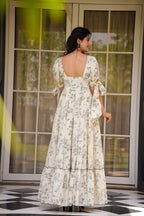 Sonakshi Women's Cream Rayon Digital Print Full Round Flair Anarkali Gown Set | Grocsy