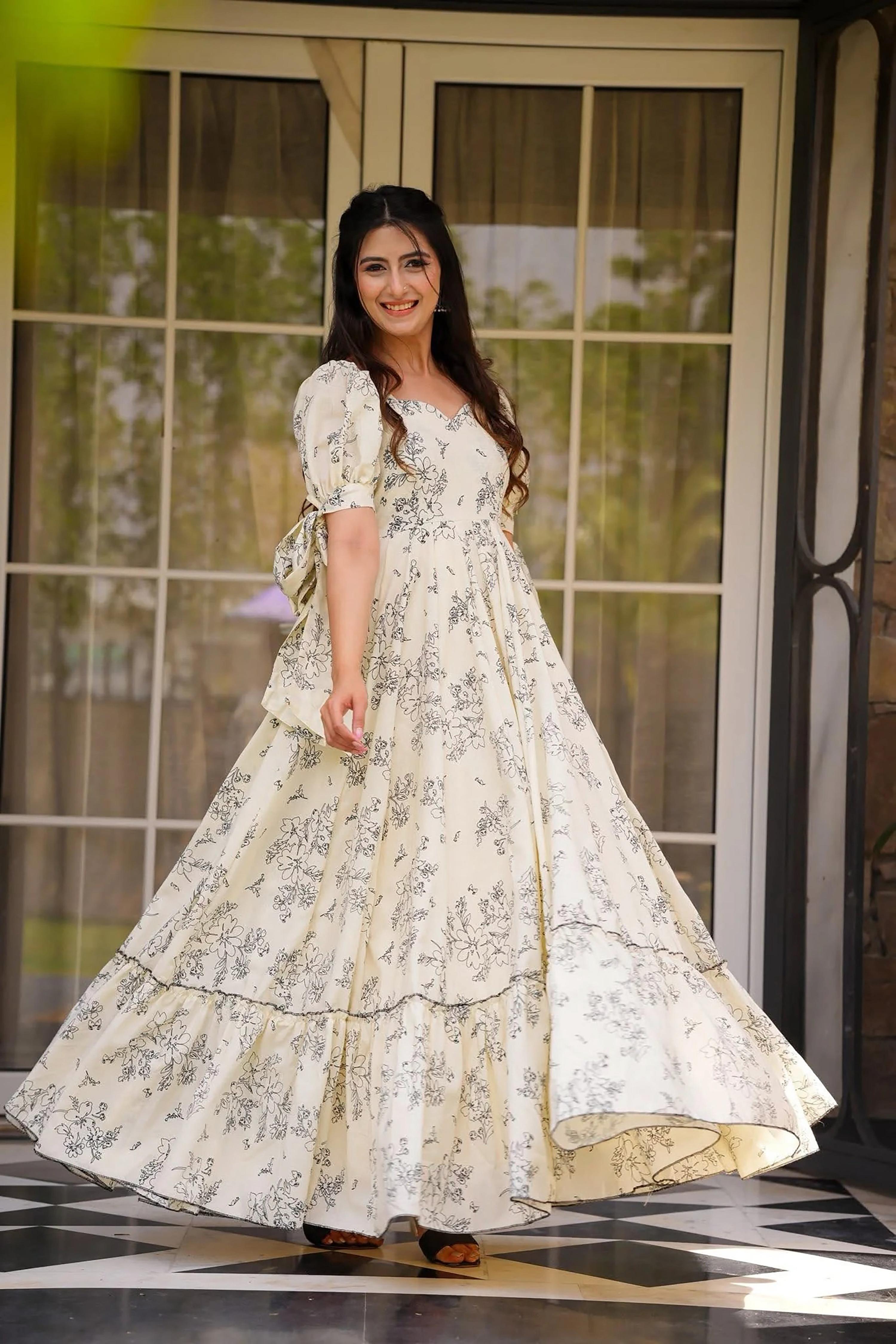 Sonakshi Women's Cream Rayon Digital Print Full Round Flair Anarkali Gown Set | Grocsy