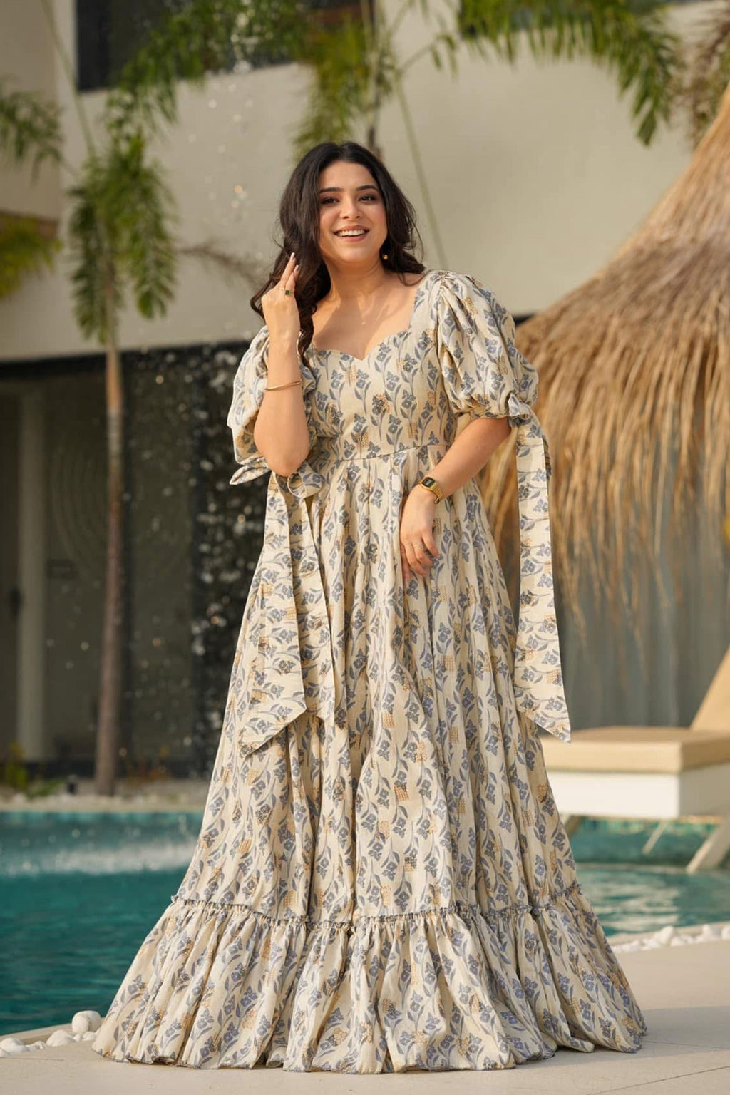 Sonakshi Women's Biscuit Rayon Digital Print Full Round Flair Anarkali Gown Set | Grocsy