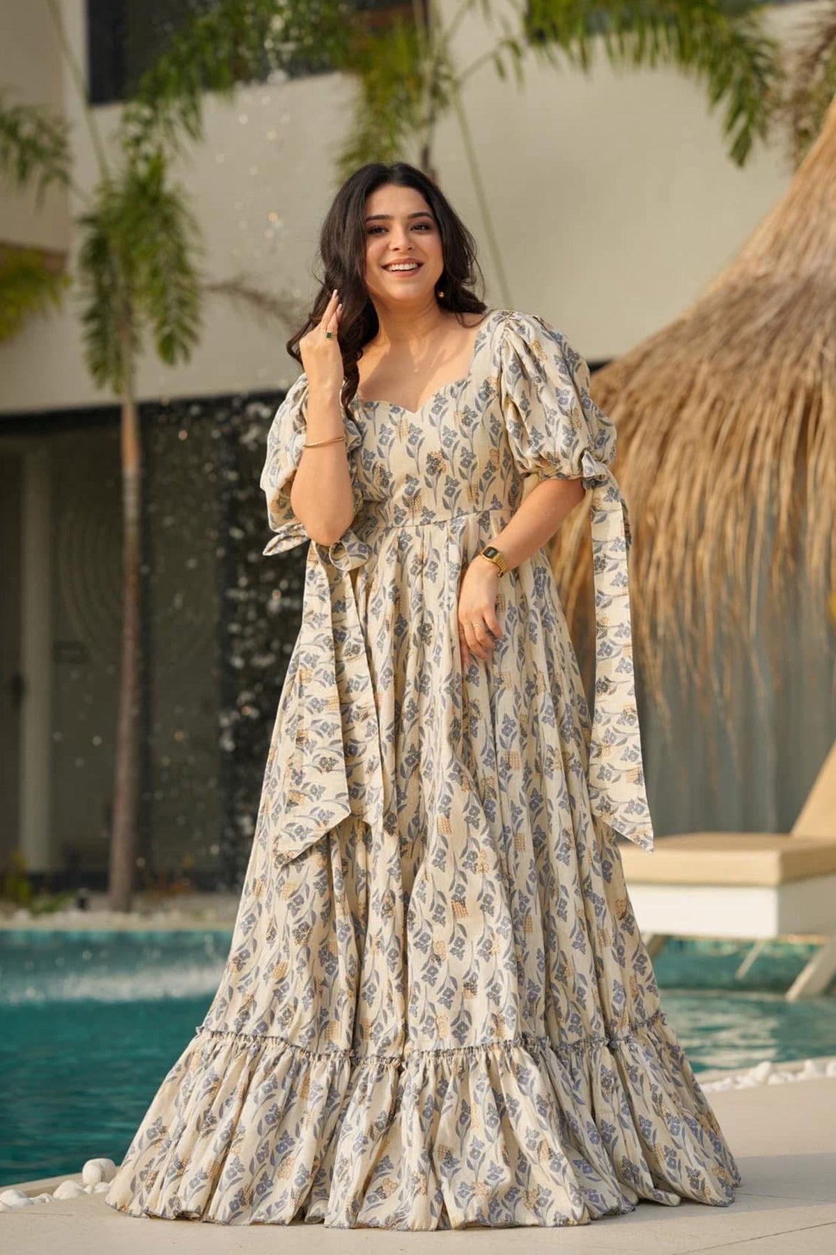 Sonakshi Women's Biscuit Rayon Digital Print Full Round Flair Anarkali Gown Set | Grocsy