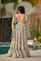 Sonakshi Women's Biscuit Rayon Digital Print Full Round Flair Anarkali Gown Set | Grocsy