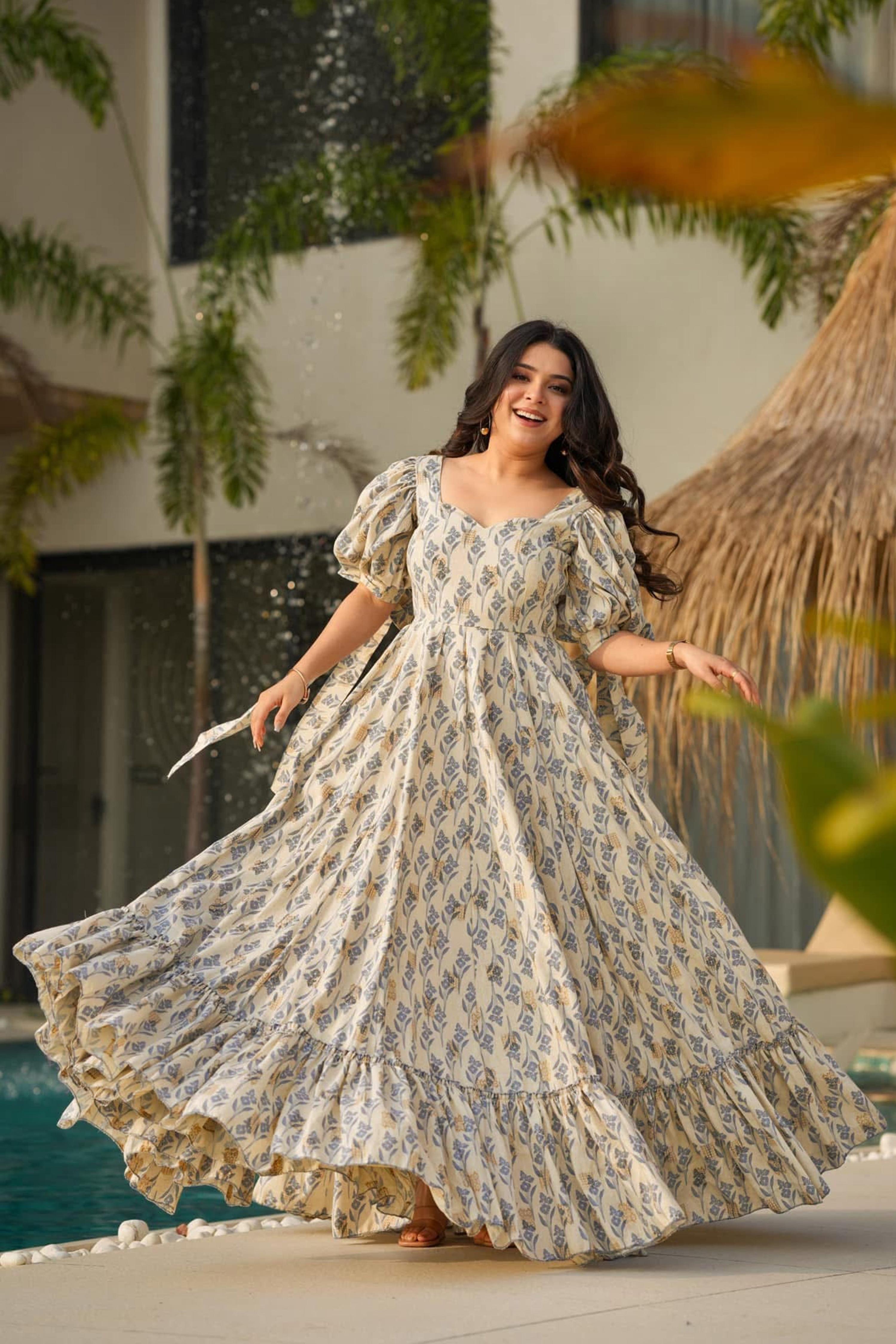 Sonakshi Women's Biscuit Rayon Digital Print Full Round Flair Anarkali Gown Set | Grocsy