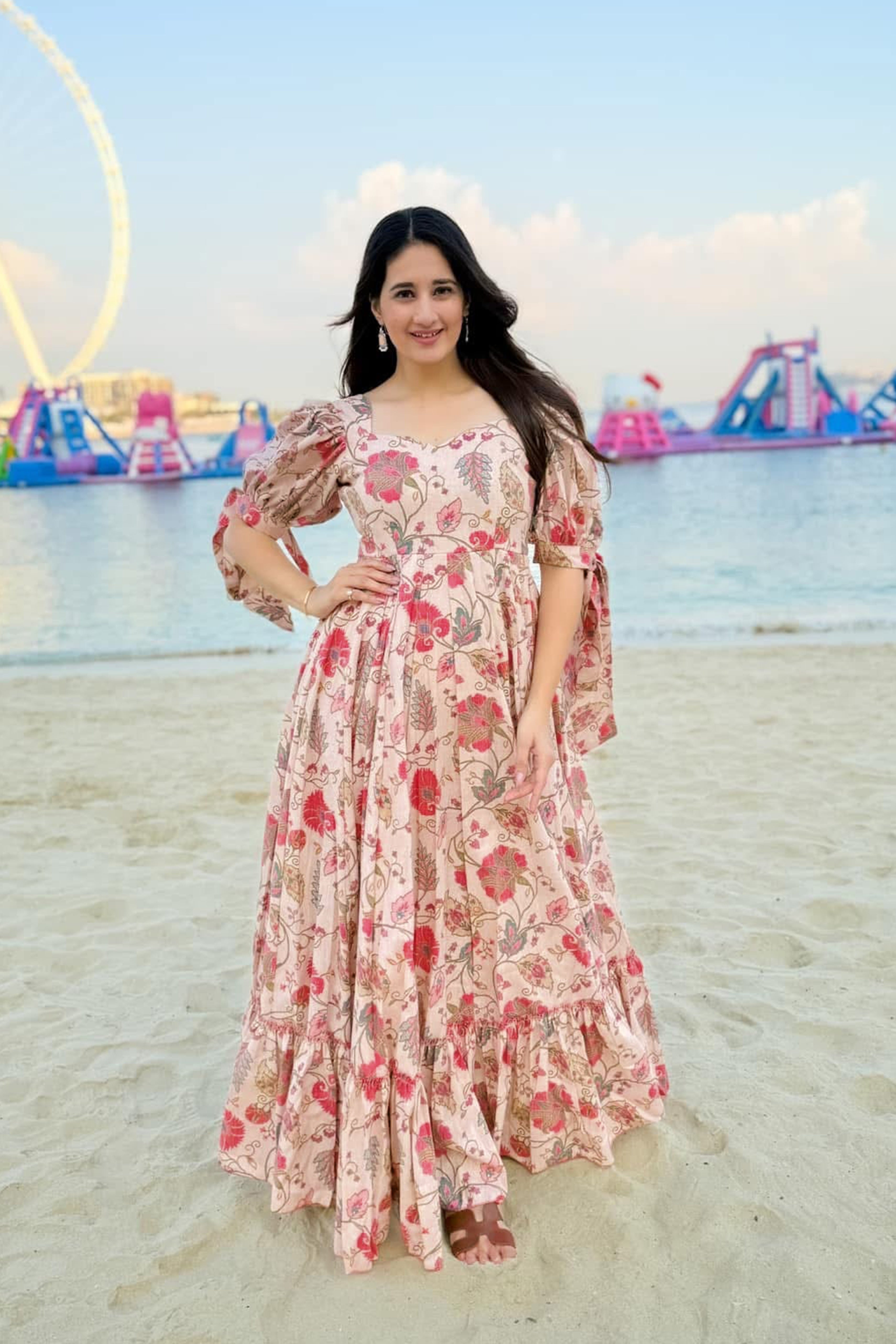 Sonakshi Women's Pink Rayon Digital Print Full Round Flair Anarkali Gown Set | Grocsy
