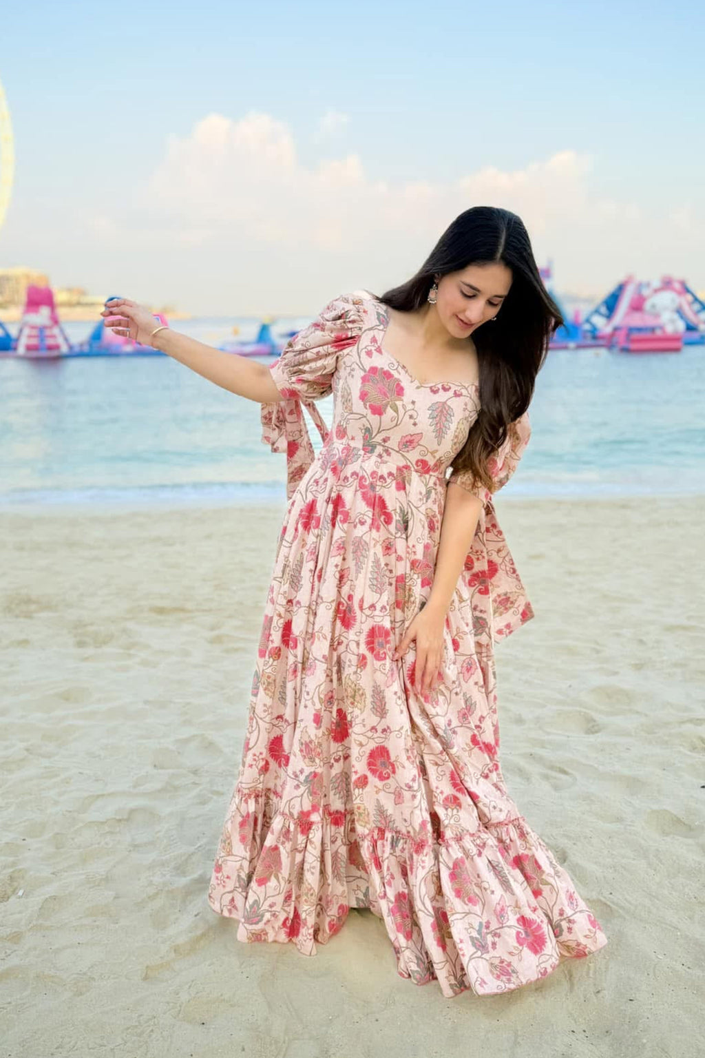 Sonakshi Women's Pink Rayon Digital Print Full Round Flair Anarkali Gown Set | Grocsy