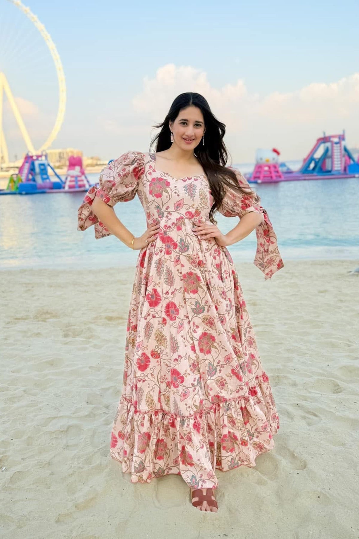 Sonakshi Women's Pink Rayon Digital Print Full Round Flair Anarkali Gown Set | Grocsy