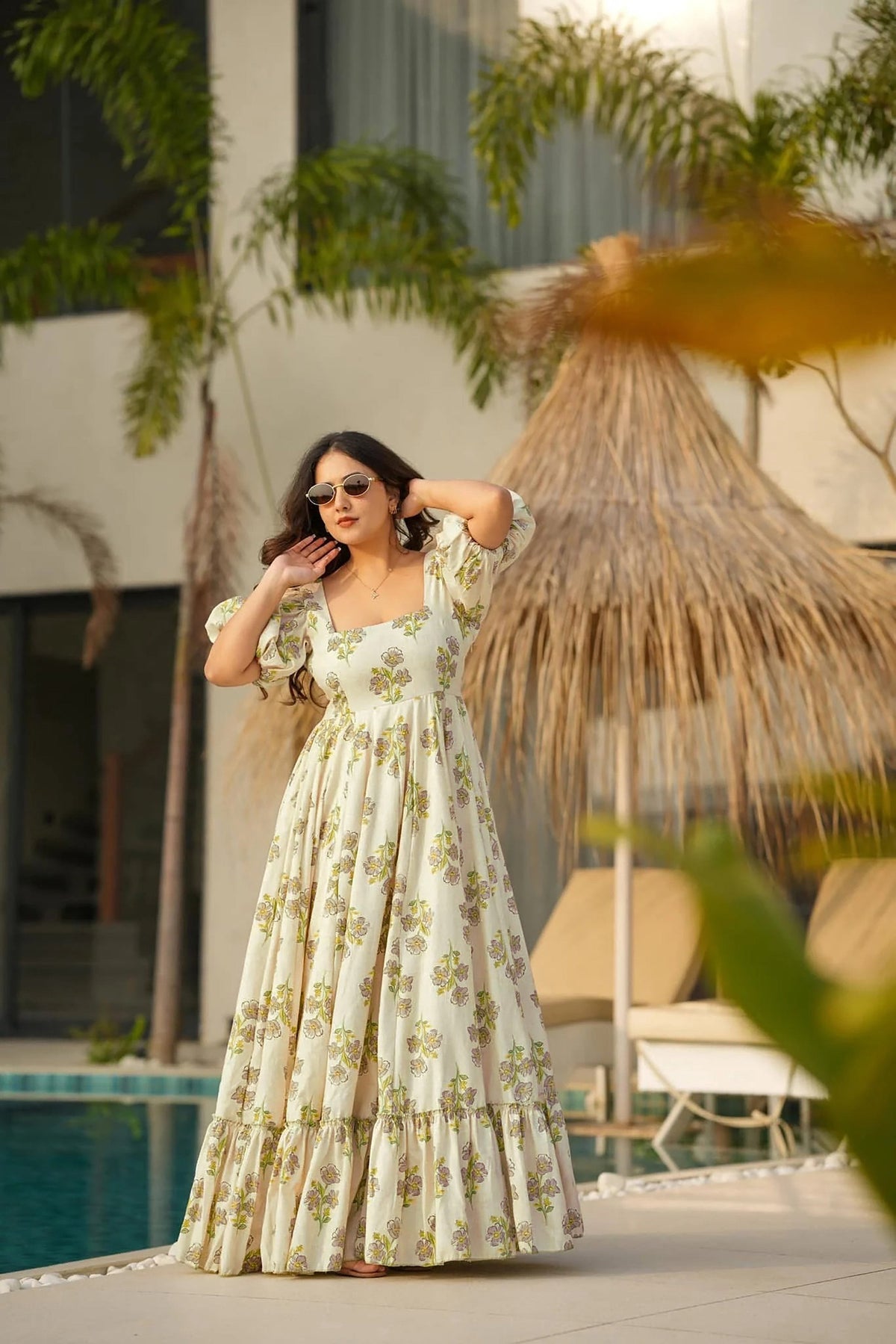 Sonakshi Women's Offwhite Rayon Digital Print Full Round Flair Anarkali Gown Set | Grocsy