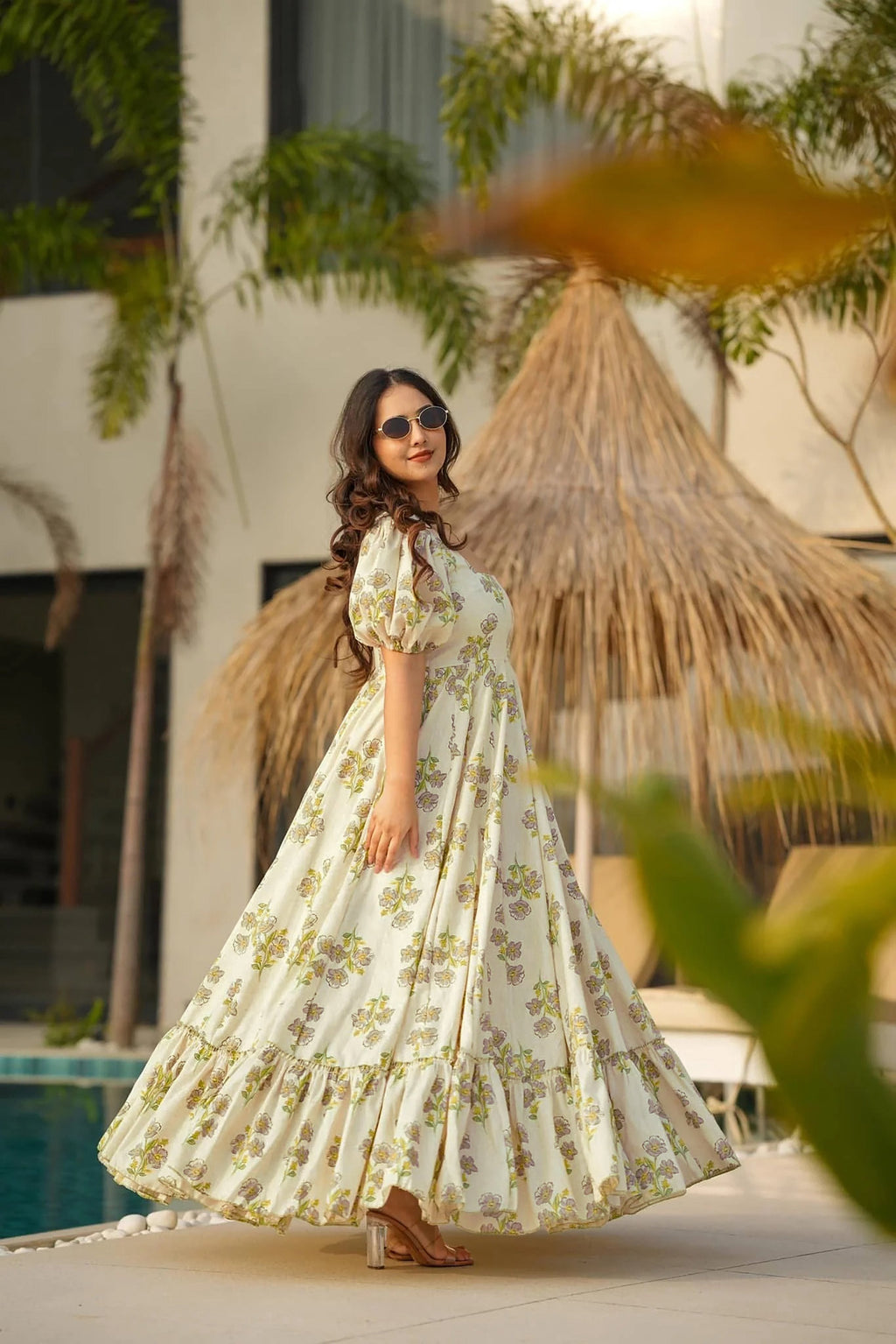 Sonakshi Women's Offwhite Rayon Digital Print Full Round Flair Anarkali Gown Set | Grocsy