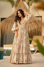 Sonakshi Women's Offwhite Rayon Digital Print Full Round Flair Anarkali Gown Set | Grocsy