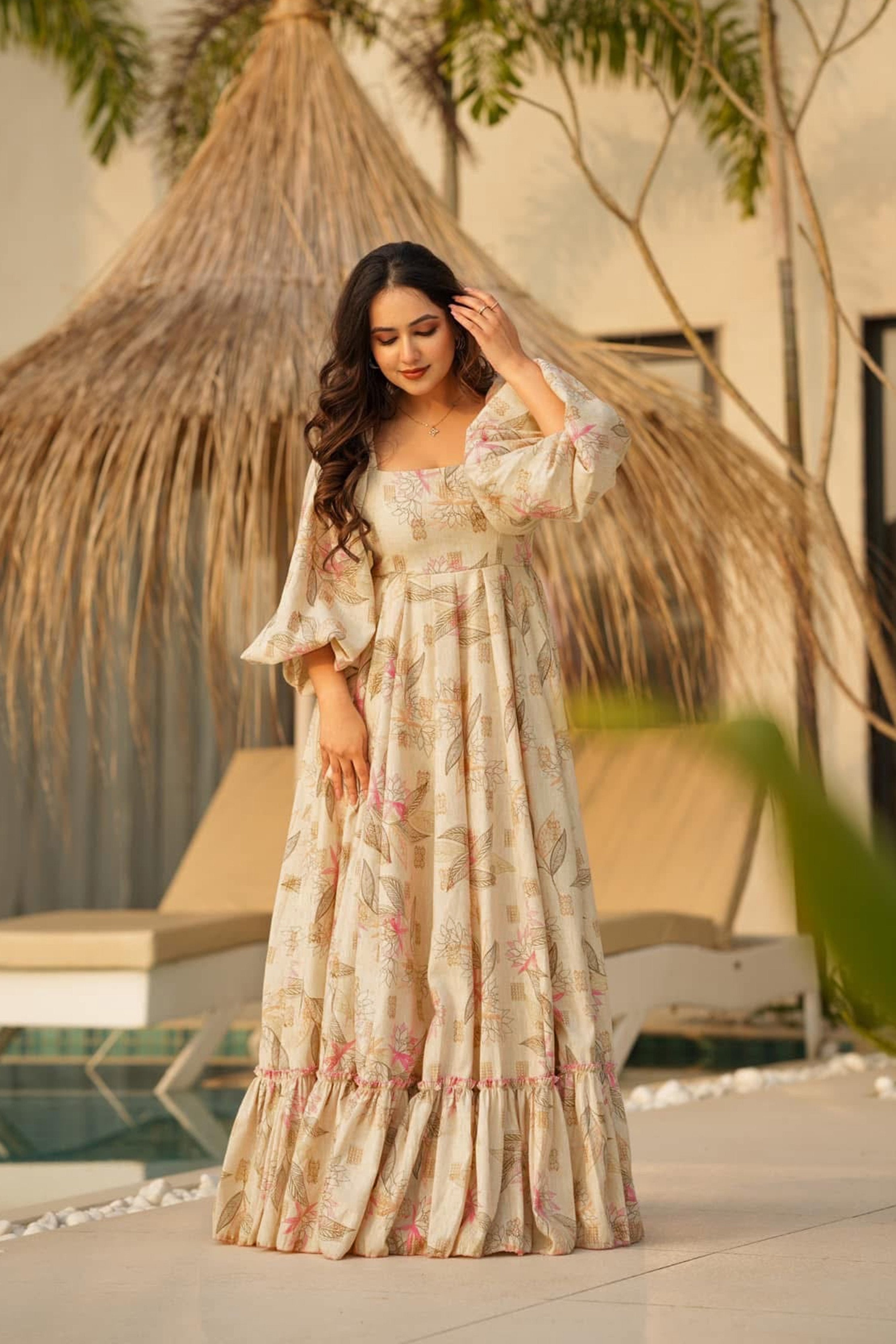 Sonakshi Women's Offwhite Rayon Digital Print Full Round Flair Anarkali Gown Set | Grocsy