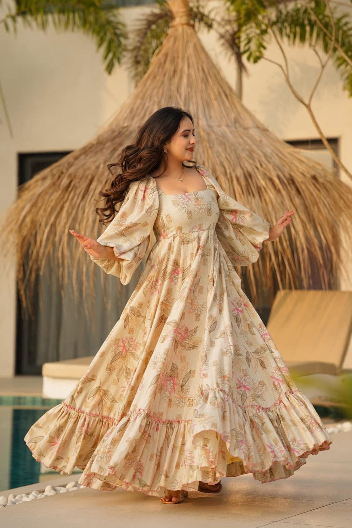 Sonakshi Women's Offwhite Rayon Digital Print Full Round Flair Anarkali Gown Set | Grocsy