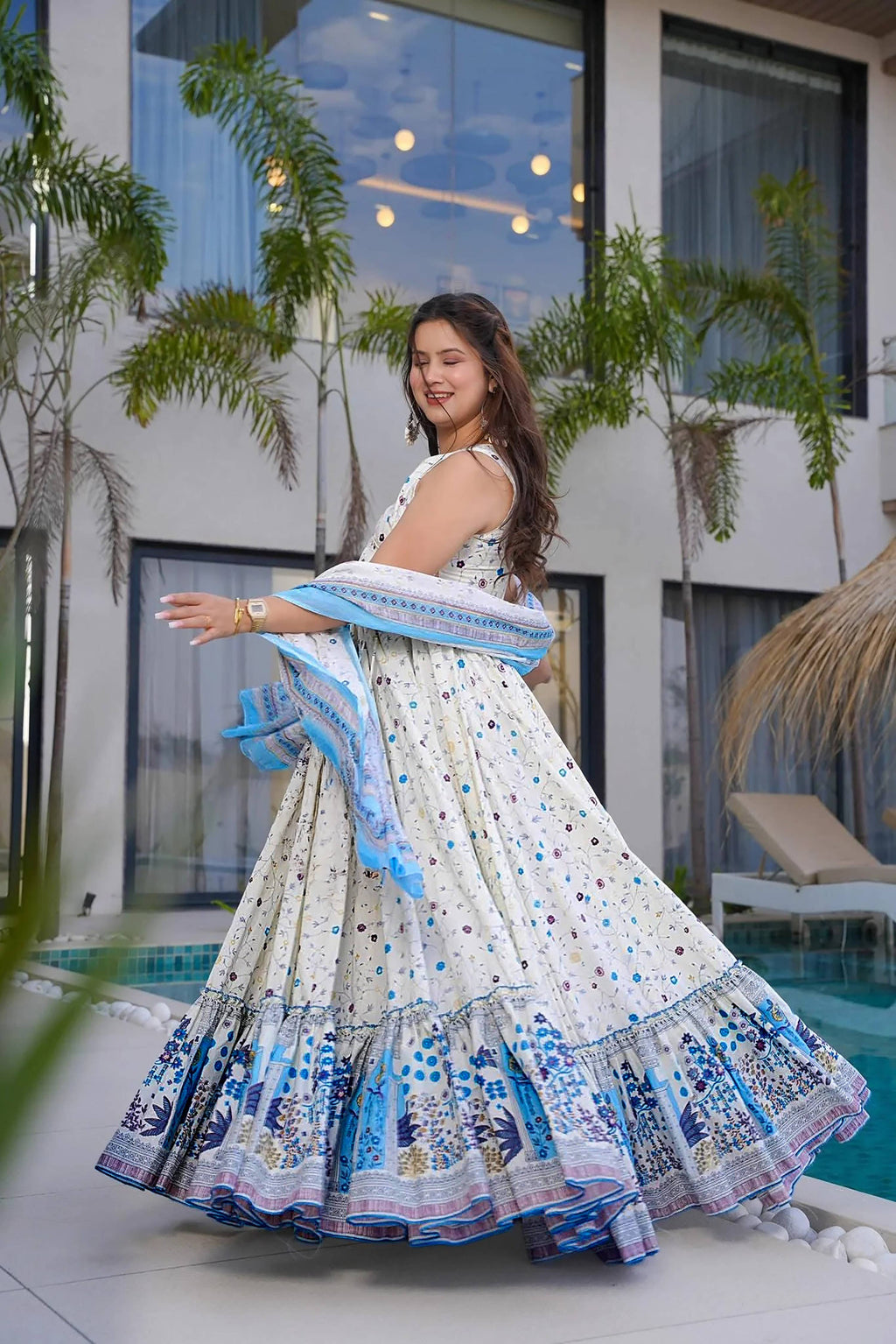 Sonakshi Women's white Rayon Digital Print Full Round Flair Anarkali Gown Set | Grocsy