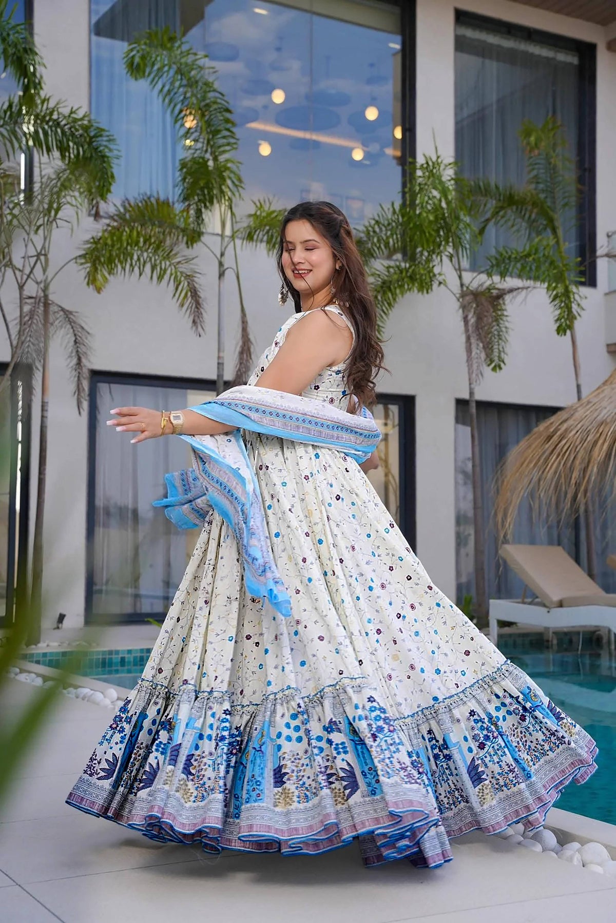 Sonakshi Women's white Rayon Digital Print Full Round Flair Anarkali Gown Set | Grocsy