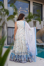 Sonakshi Women's white Rayon Digital Print Full Round Flair Anarkali Gown Set | Grocsy