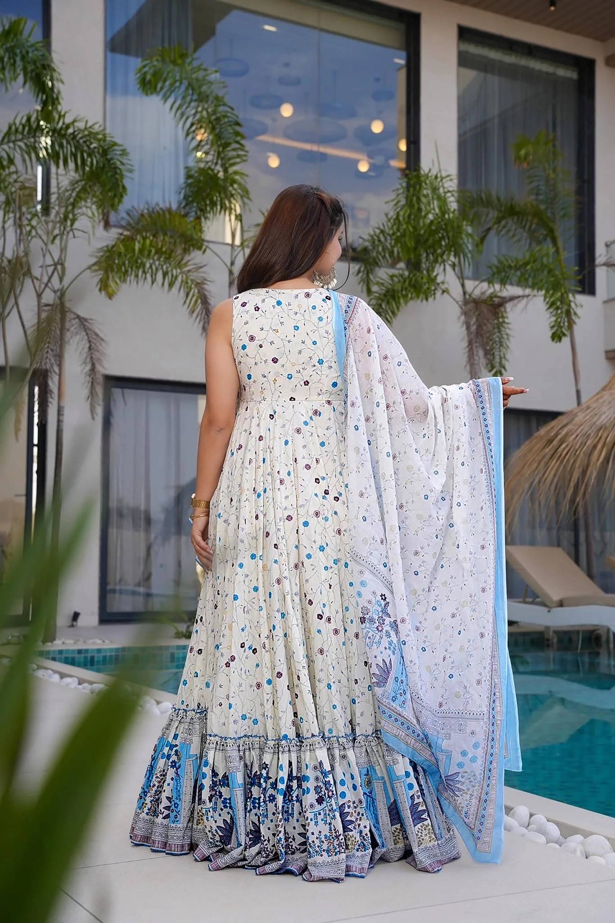 Sonakshi Women's white Rayon Digital Print Full Round Flair Anarkali Gown Set | Grocsy