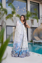 Sonakshi Women's white Rayon Digital Print Full Round Flair Anarkali Gown Set | Grocsy