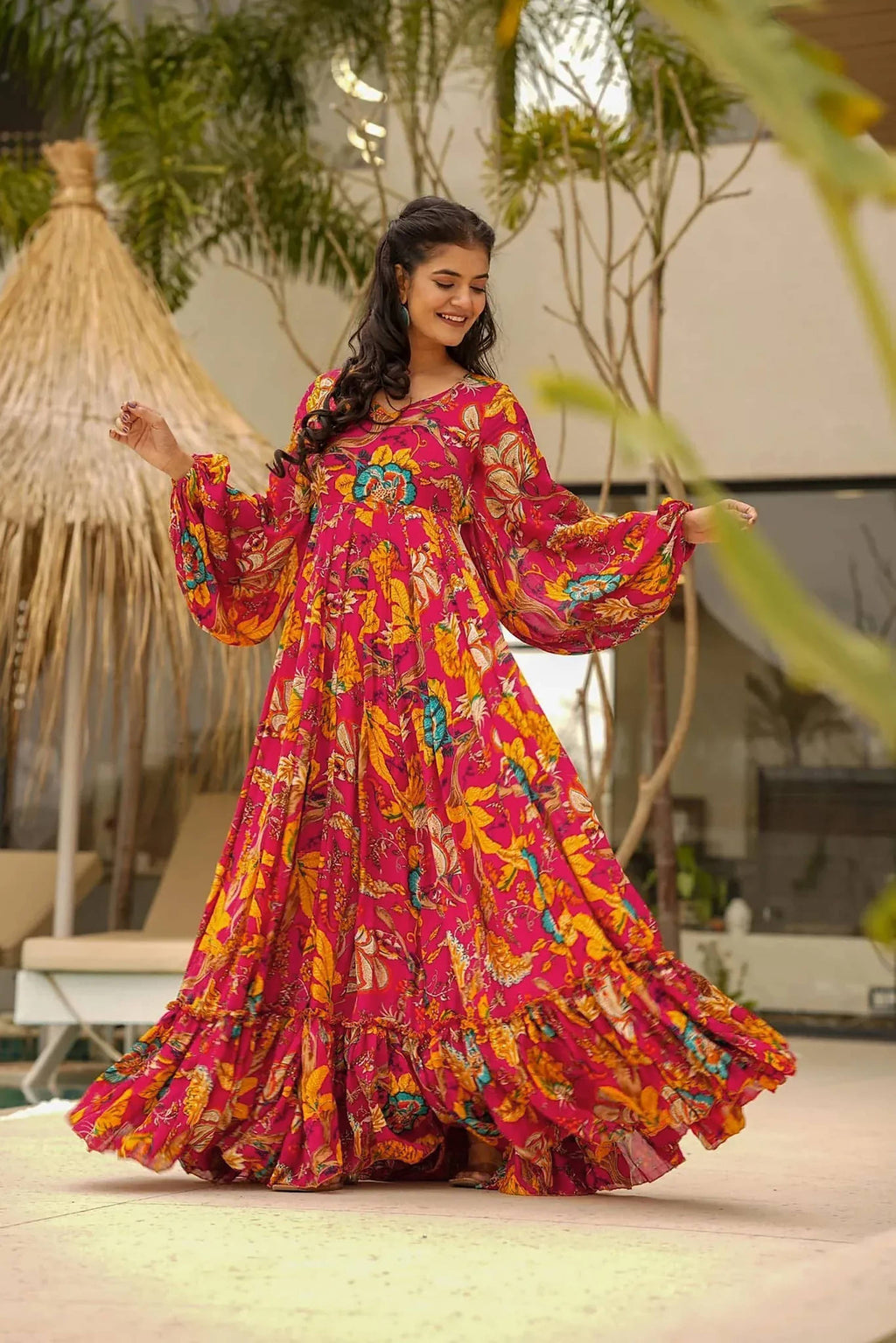 Sonakshi Women's Red Rayon Digital Print Full Round Flair Anarkali Gown Set | Grocsy