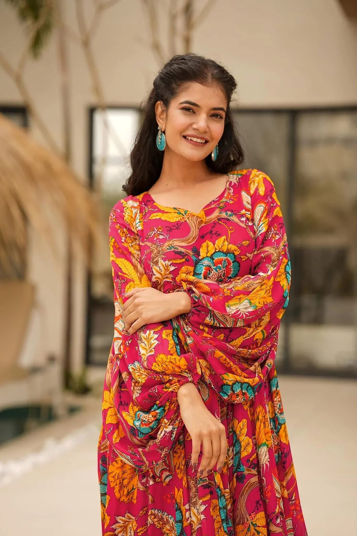 Sonakshi Women's Red Rayon Digital Print Full Round Flair Anarkali Gown Set | Grocsy