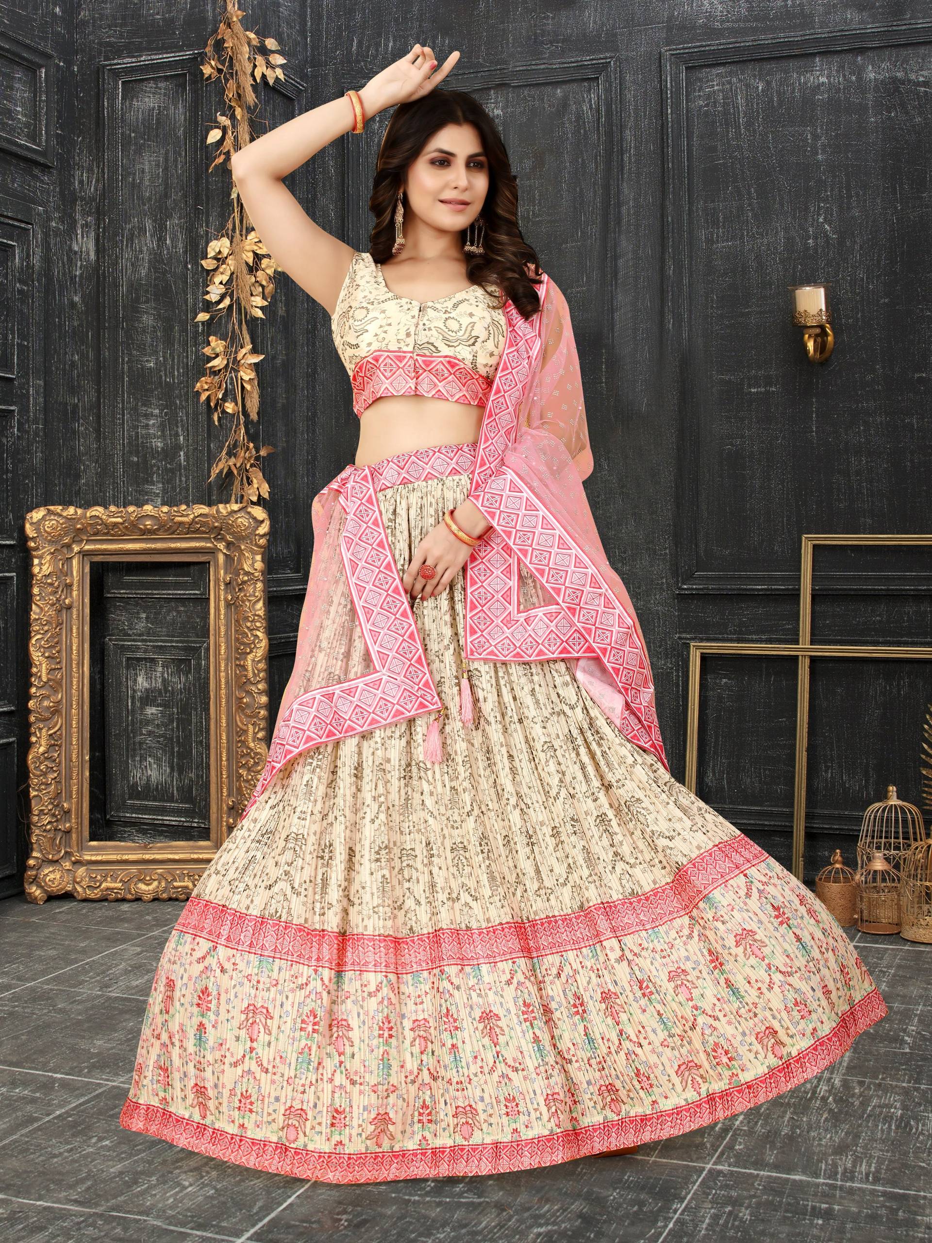 Sonakshi Women's White Chinon Silk Ajrakh Heavy digital Printed Lehenga Choli With Dupatta | Grocsy