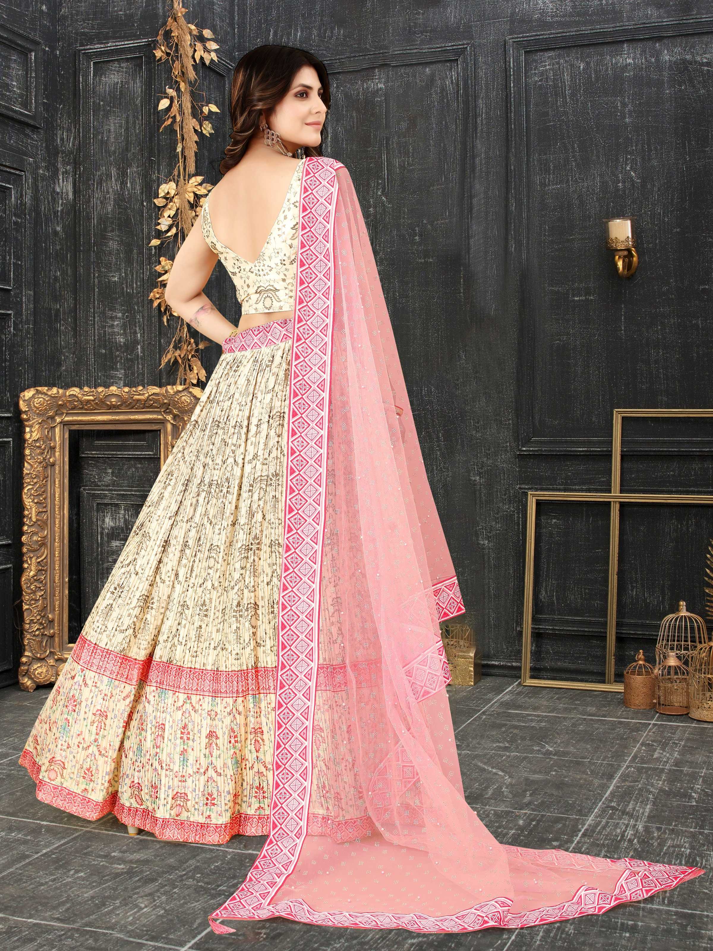 Sonakshi Women's White Chinon Silk Ajrakh Heavy digital Printed Lehenga Choli With Dupatta | Grocsy