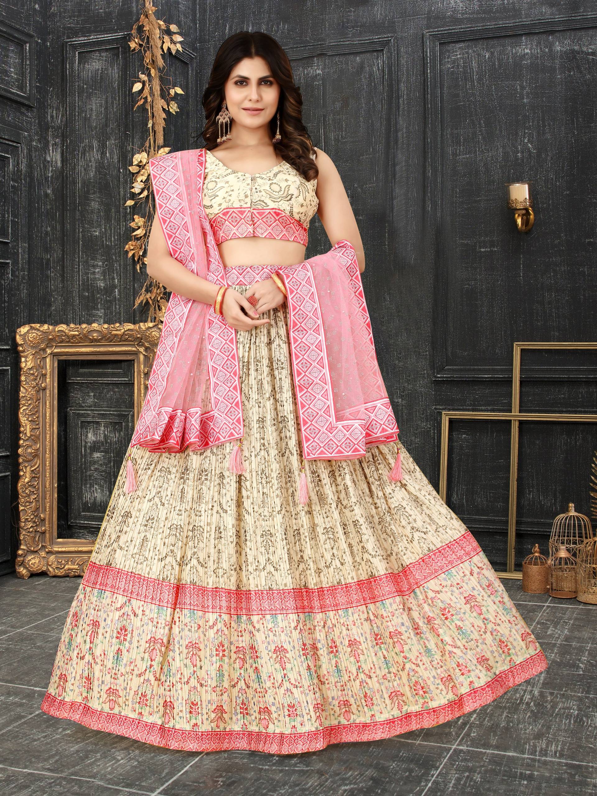 Sonakshi Women's White Chinon Silk Ajrakh Heavy digital Printed Lehenga Choli With Dupatta | Grocsy