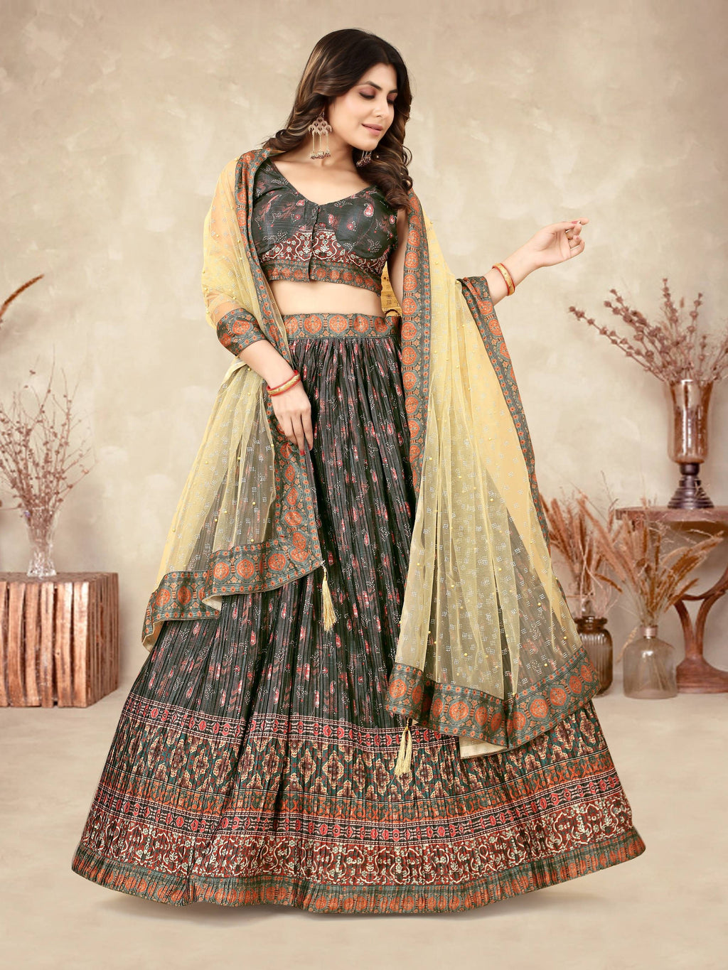 Sonakshi Women's Black Chinon Silk Ajrakh Heavy digital Printed Lehenga Choli With Dupatta | Grocsy