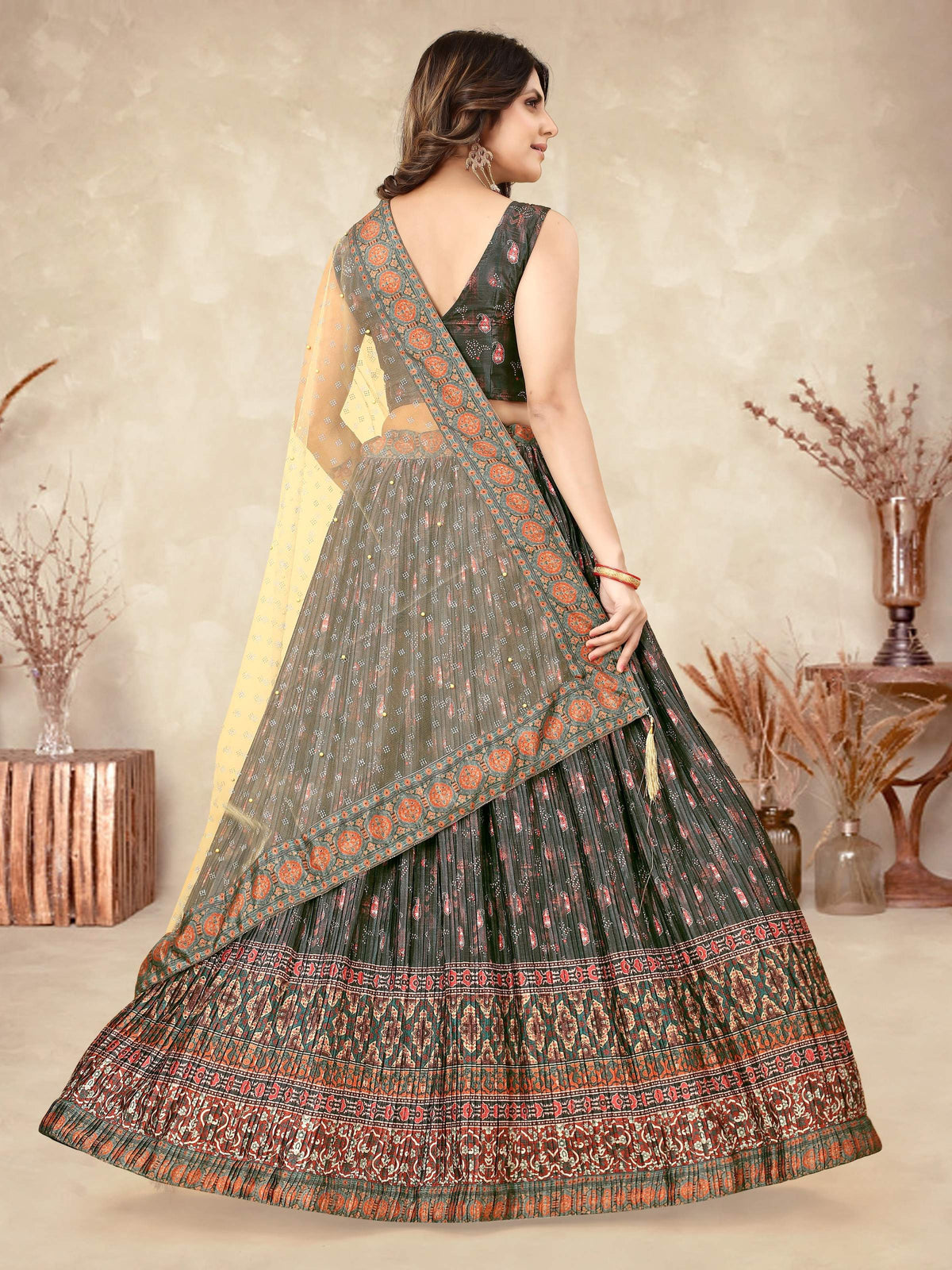 Sonakshi Women's Black Chinon Silk Ajrakh Heavy digital Printed Lehenga Choli With Dupatta | Grocsy