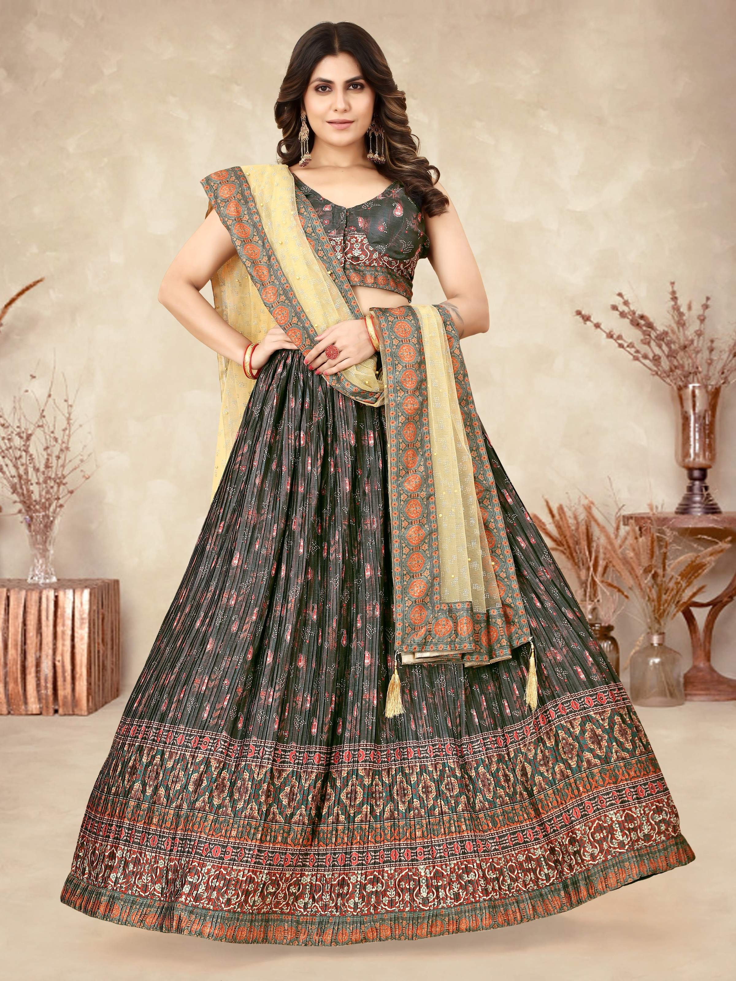 Sonakshi Women's Black Chinon Silk Ajrakh Heavy digital Printed Lehenga Choli With Dupatta | Grocsy