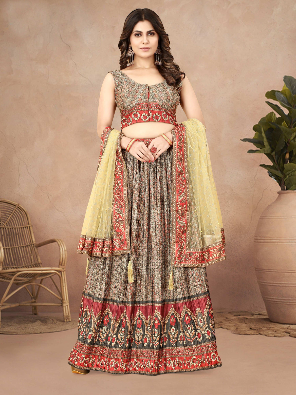 Sonakshi Women's Grey Chinon Silk Ajrakh Heavy digital Printed Lehenga Choli With Dupatta | Grocsy