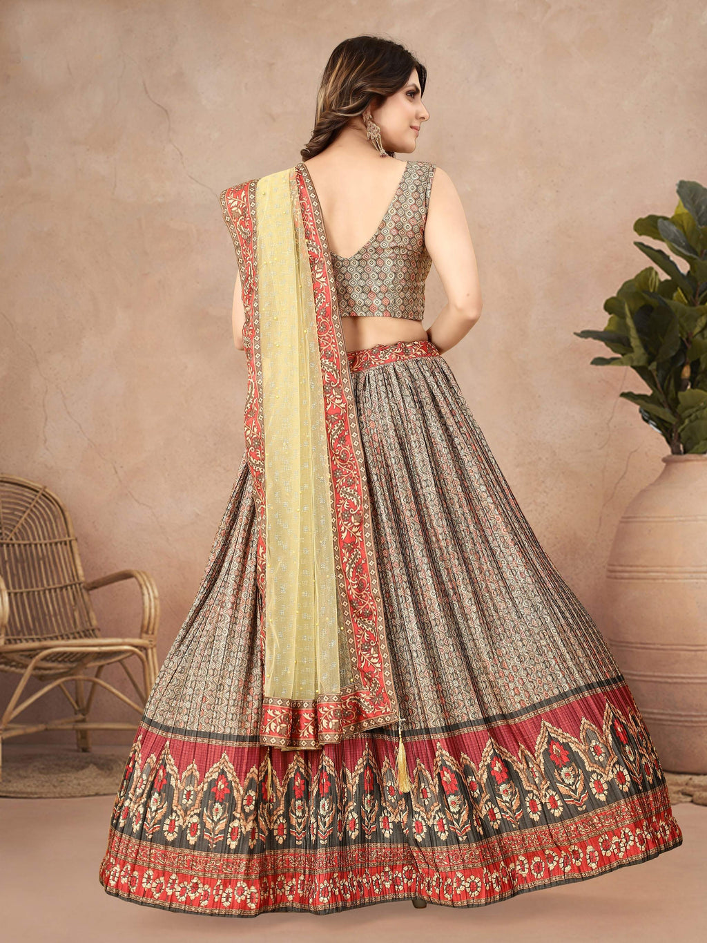 Sonakshi Women's Grey Chinon Silk Ajrakh Heavy digital Printed Lehenga Choli With Dupatta | Grocsy
