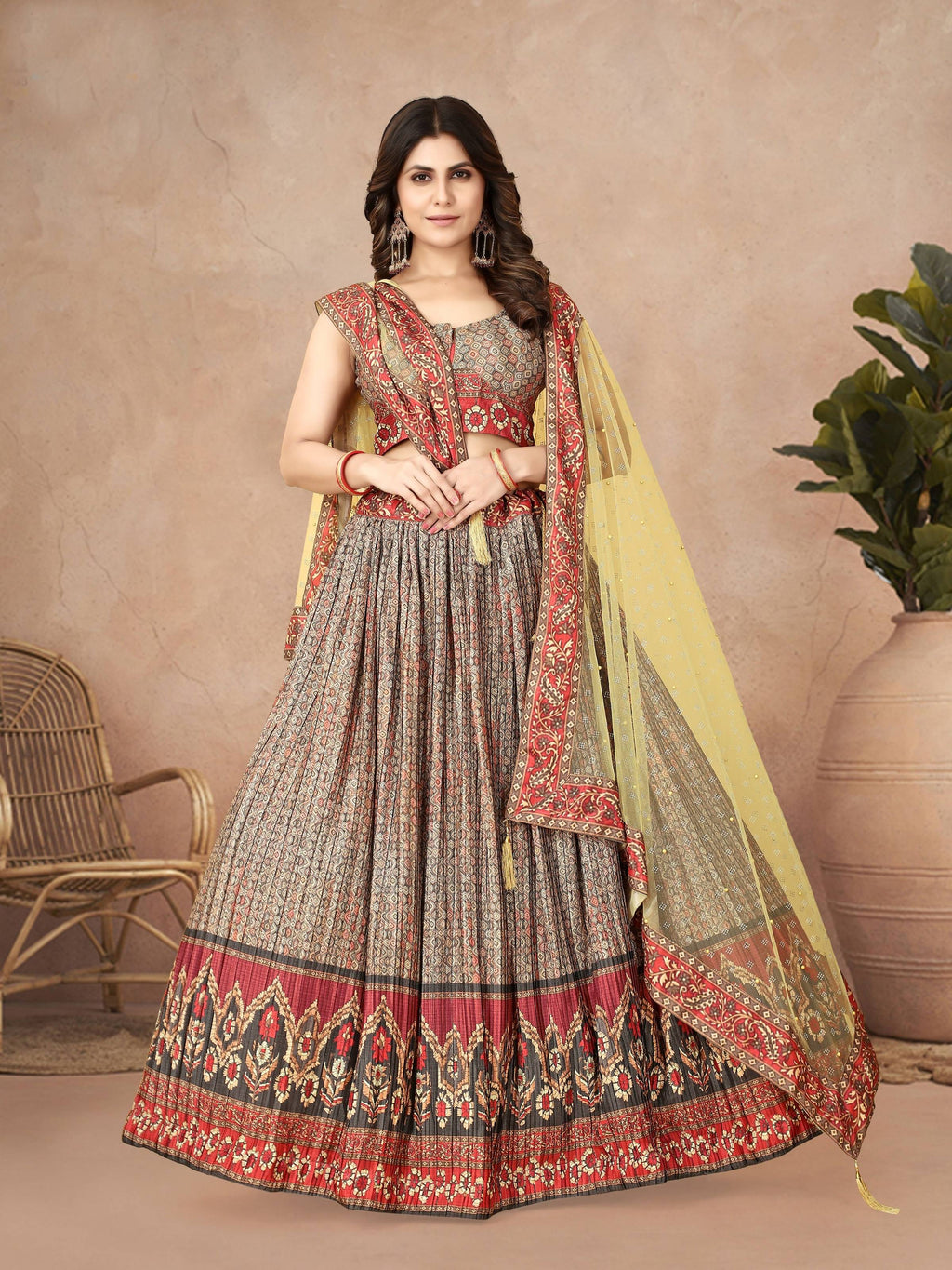 Sonakshi Women's Grey Chinon Silk Ajrakh Heavy digital Printed Lehenga Choli With Dupatta | Grocsy