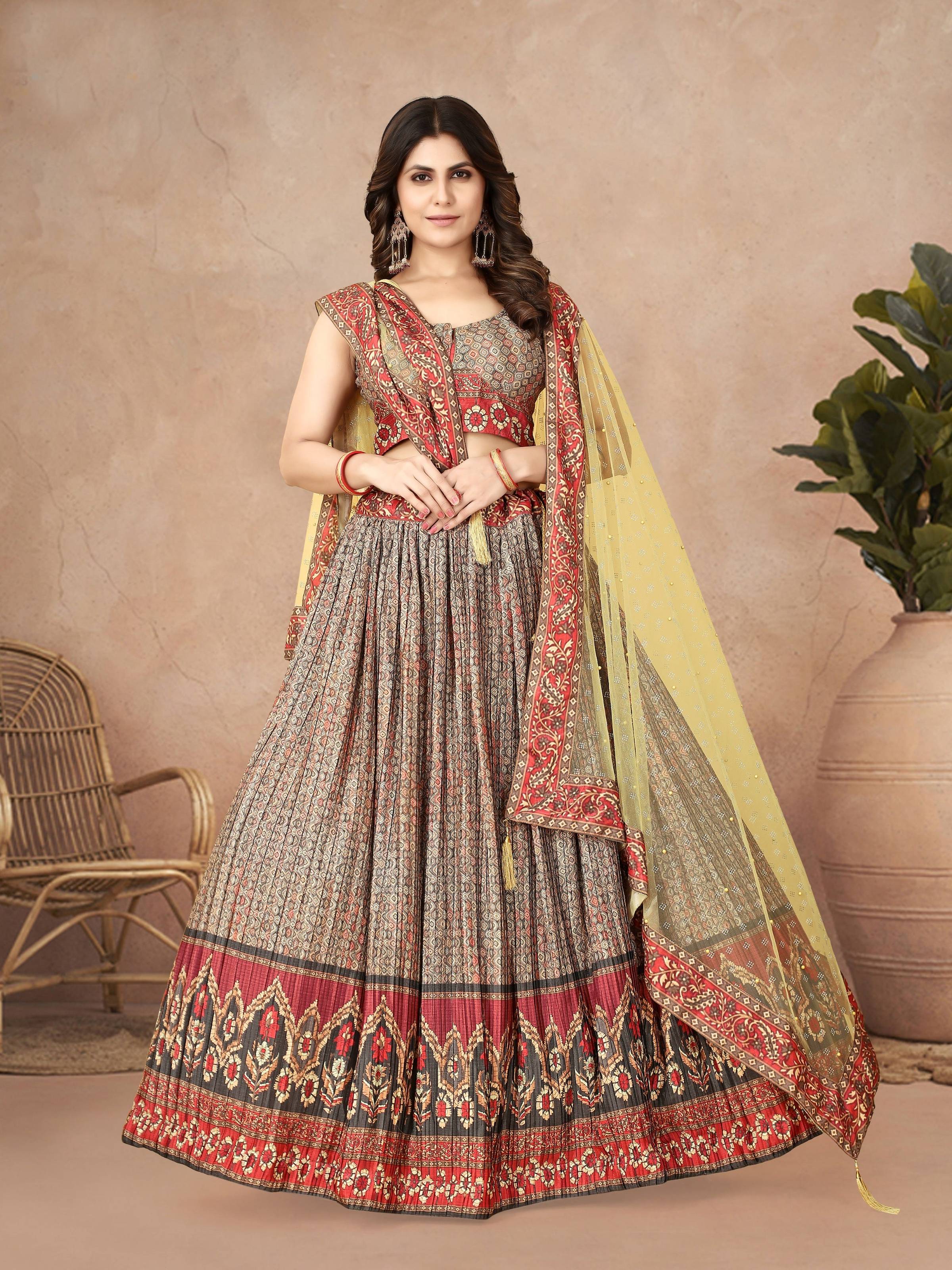 Sonakshi Women's Grey Chinon Silk Ajrakh Heavy digital Printed Lehenga Choli With Dupatta | Grocsy