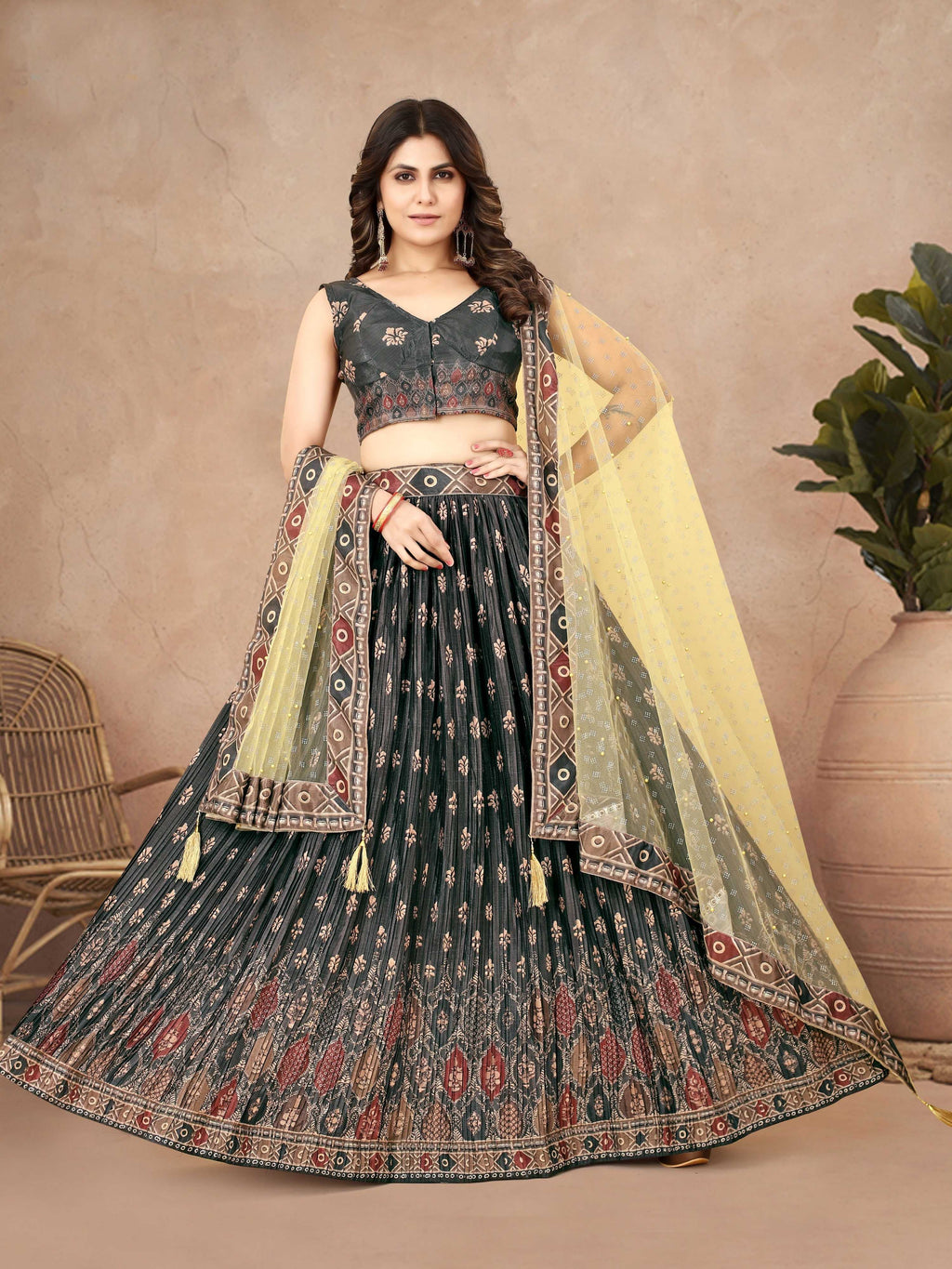 Sonakshi Women's Black Chinon Silk Ajrakh Heavy digital Printed Lehenga Choli With Dupatta | Grocsy