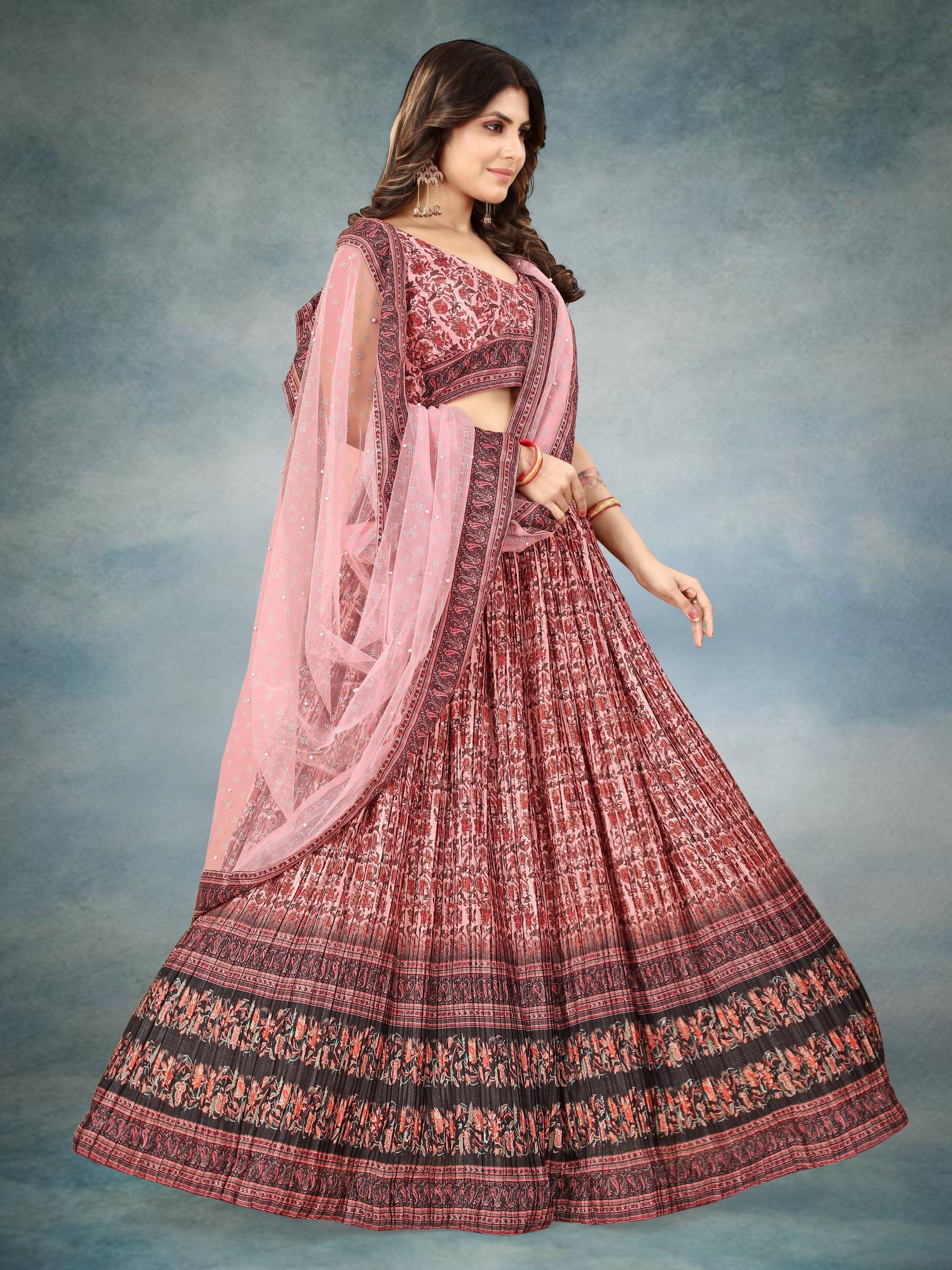 Sonakshi Women's Maroon Chinon Silk Ajrakh Heavy digital Printed Lehenga Choli With Dupatta | Grocsy