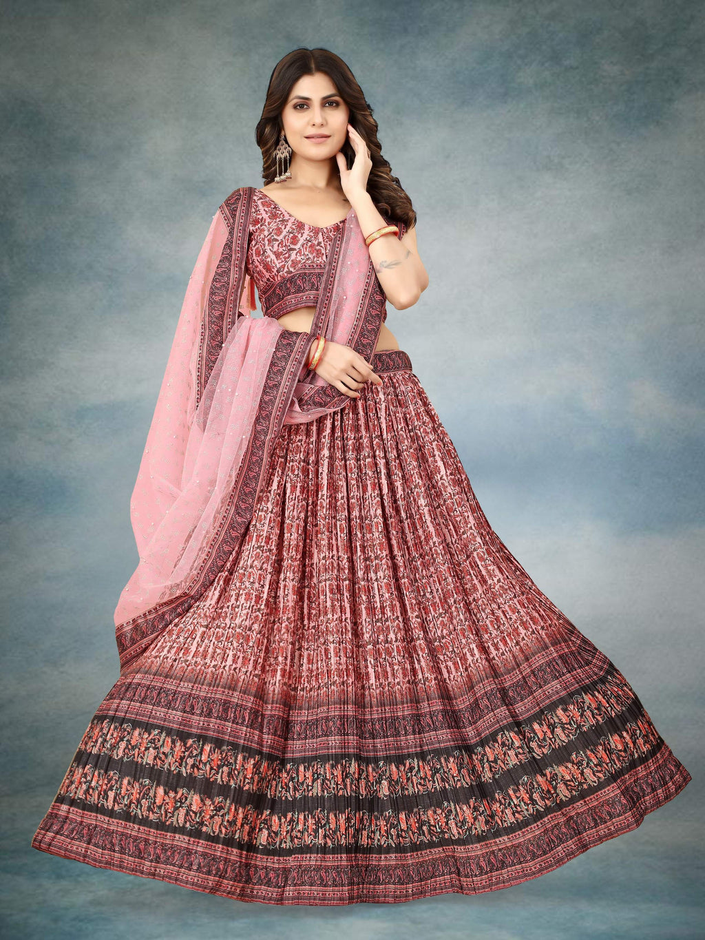 Sonakshi Women's Maroon Chinon Silk Ajrakh Heavy digital Printed Lehenga Choli With Dupatta | Grocsy