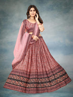 Sonakshi Women's Maroon Chinon Silk Ajrakh Heavy digital Printed Lehenga Choli With Dupatta | Grocsy