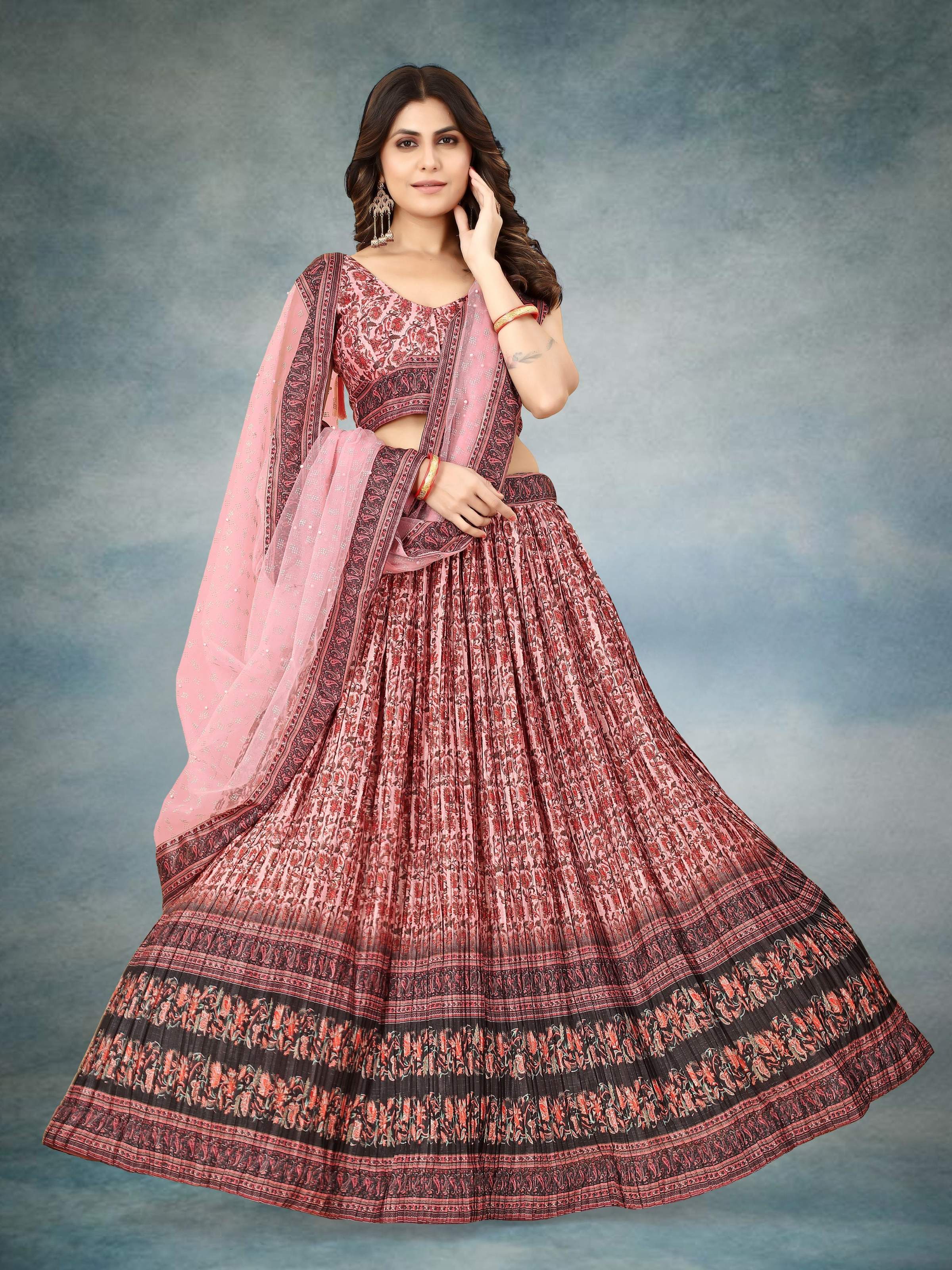 Sonakshi Women's Maroon Chinon Silk Ajrakh Heavy digital Printed Lehenga Choli With Dupatta | Grocsy