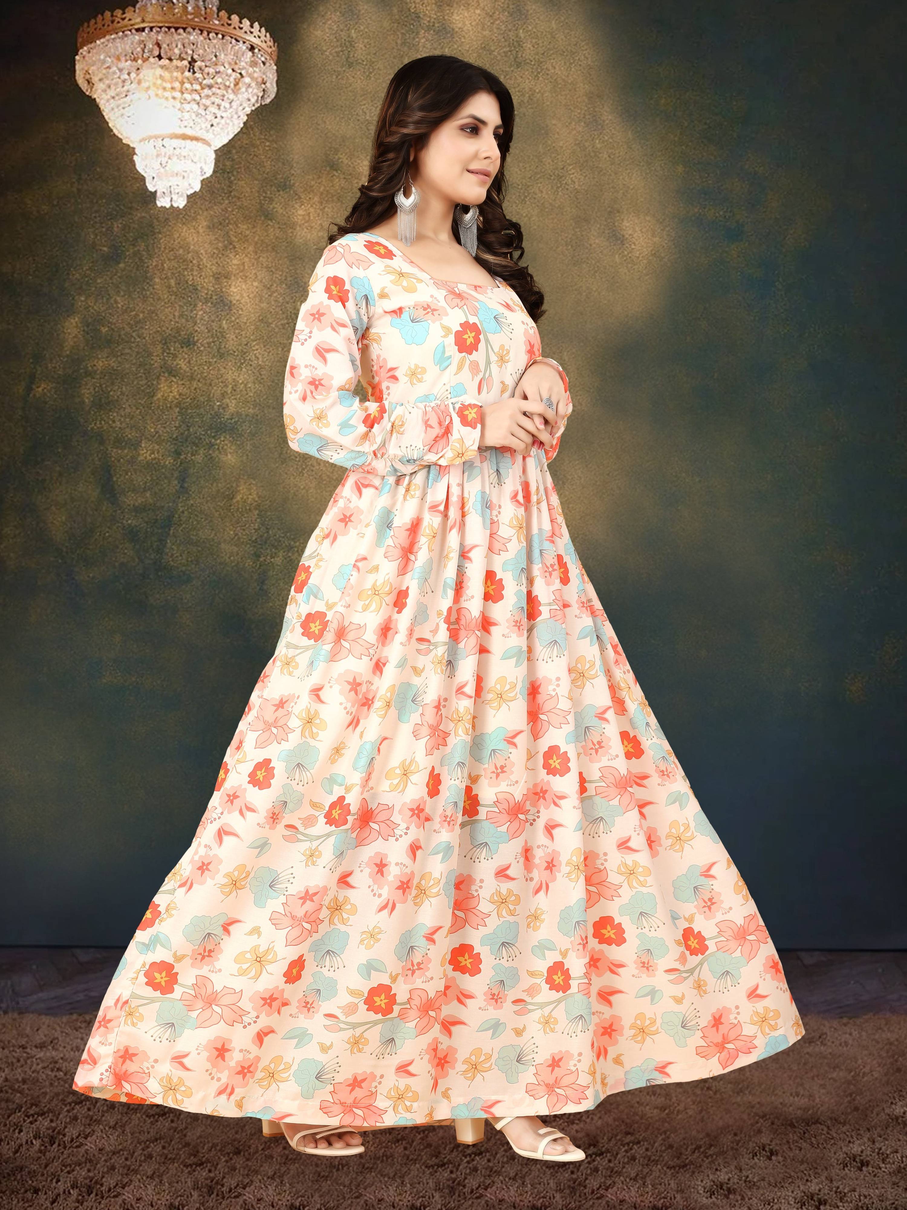 Sonakshi Women's Cream Muslin Digital Print Full Round Flair Anarkali Gown Set | Grocsy