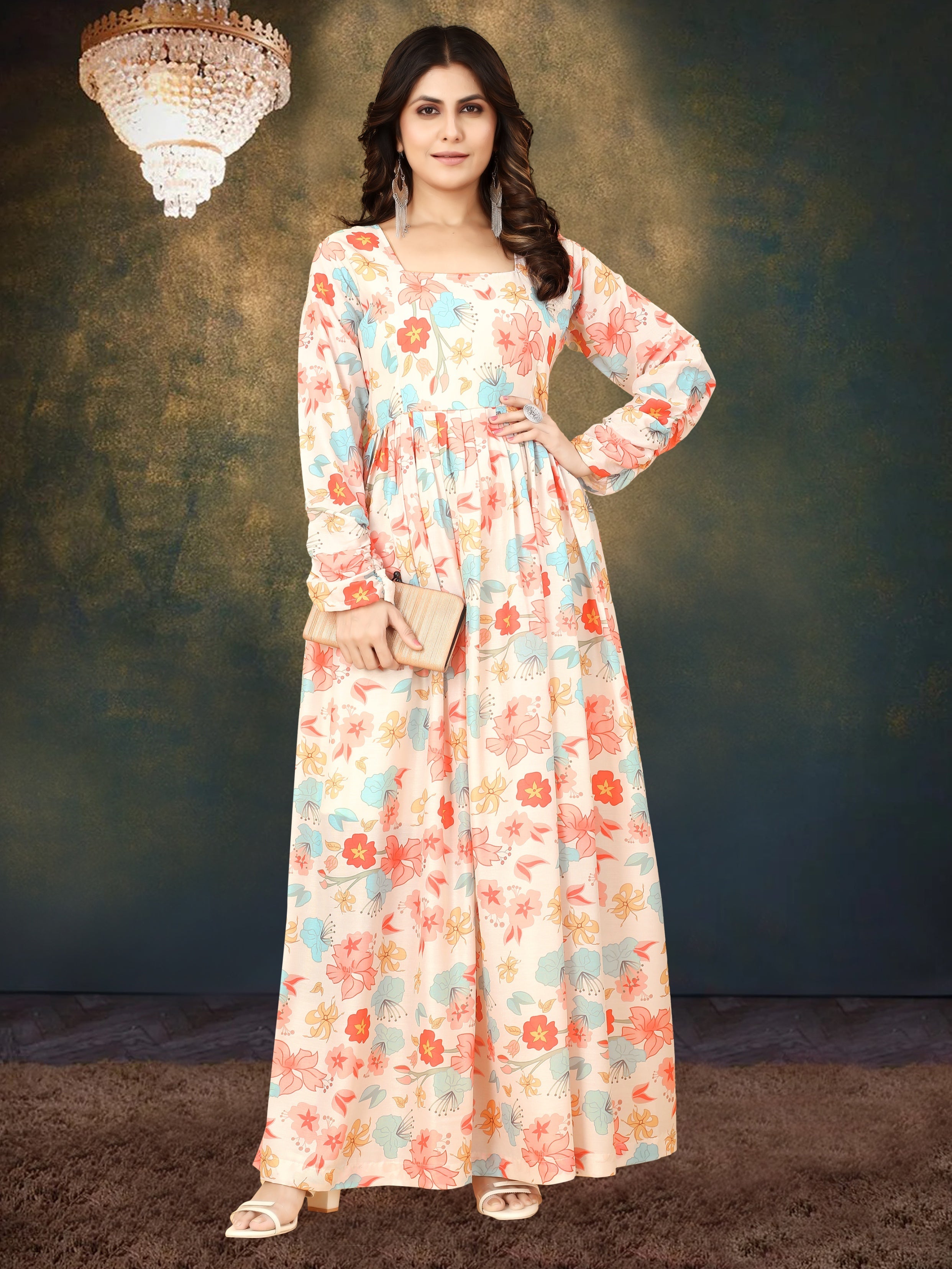 Sonakshi Women's Cream Muslin Digital Print Full Round Flair Anarkali Gown Set | Grocsy