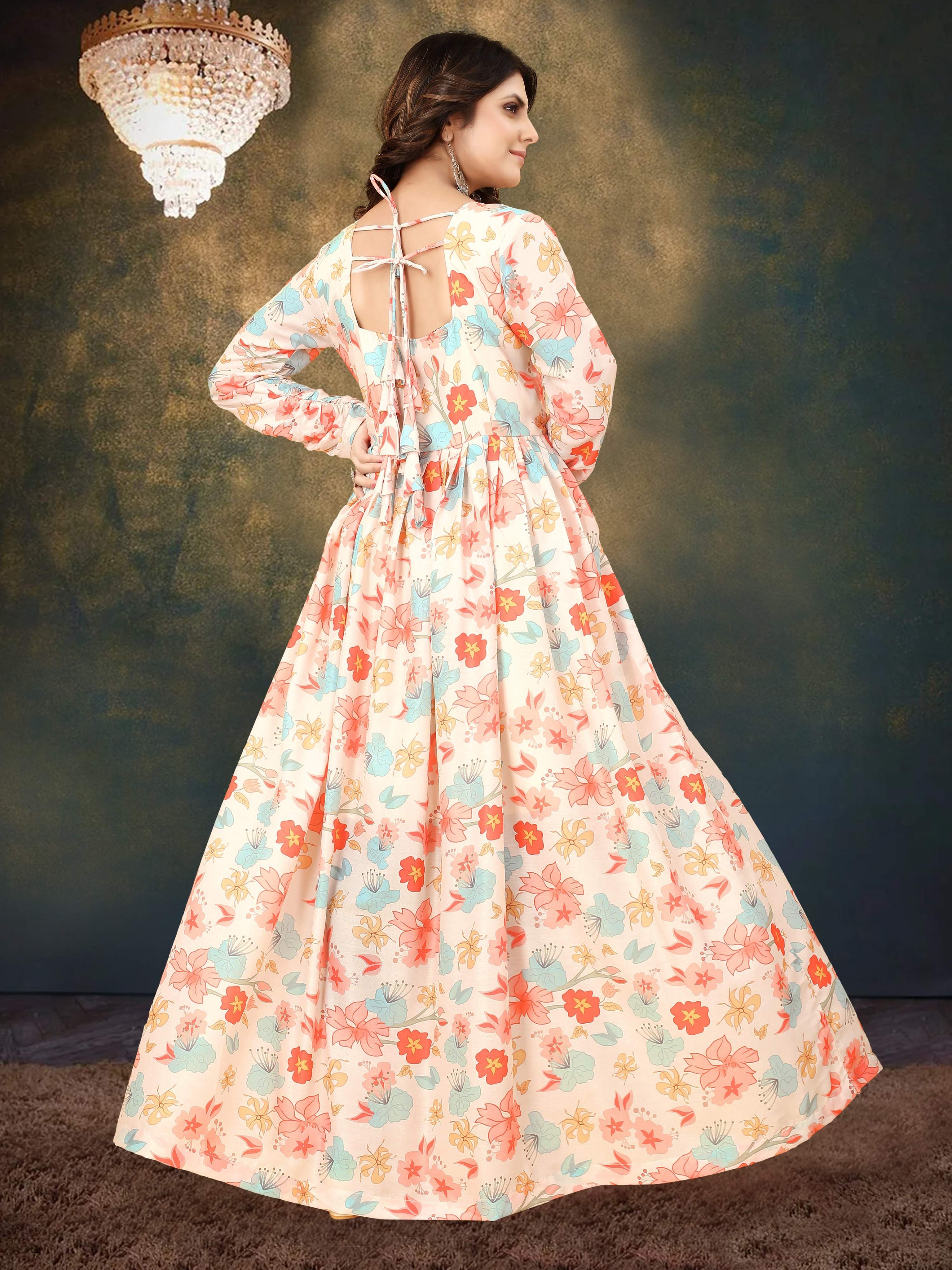 Sonakshi Women's Cream Muslin Digital Print Full Round Flair Anarkali Gown Set | Grocsy