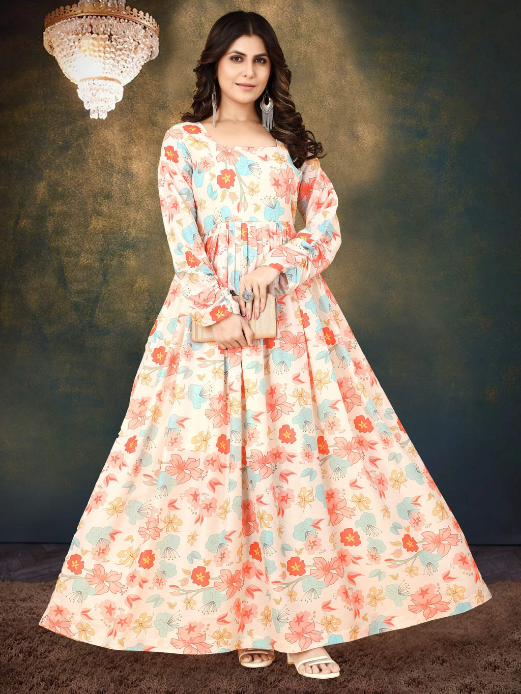 Sonakshi Women's Cream Muslin Digital Print Full Round Flair Anarkali Gown Set | Grocsy