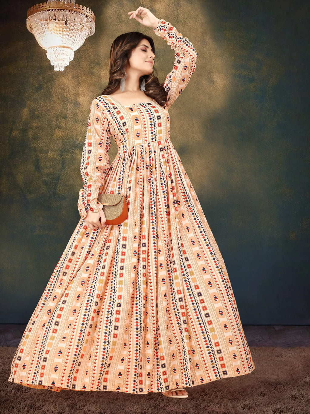 Sonakshi Women's Beige Muslin Digital Print Full Round Flair Anarkali Gown Set | Grocsy