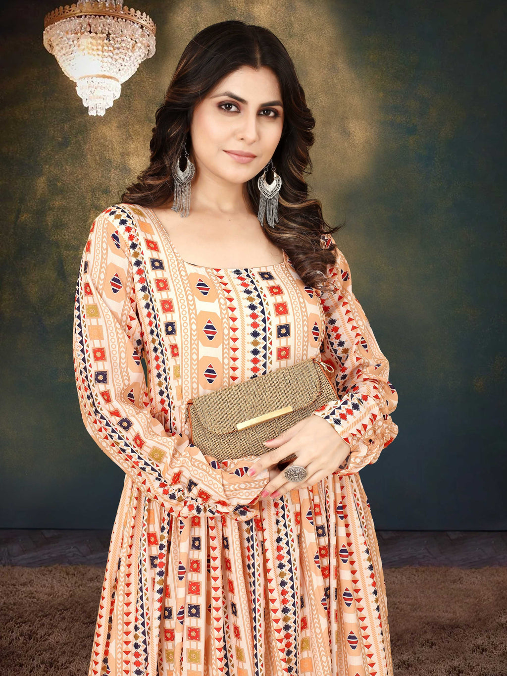 Sonakshi Women's Beige Muslin Digital Print Full Round Flair Anarkali Gown Set | Grocsy