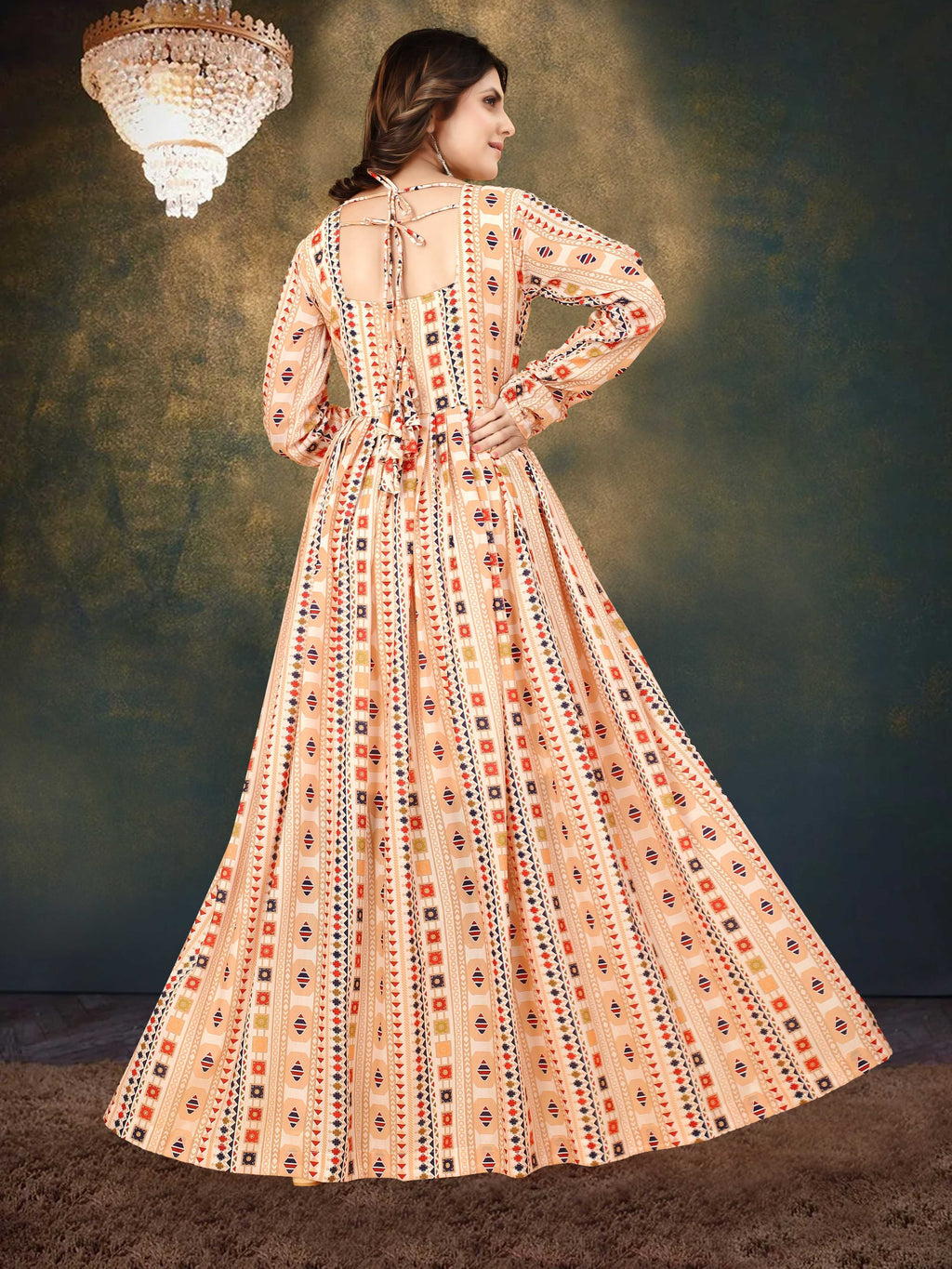 Sonakshi Women's Beige Muslin Digital Print Full Round Flair Anarkali Gown Set | Grocsy