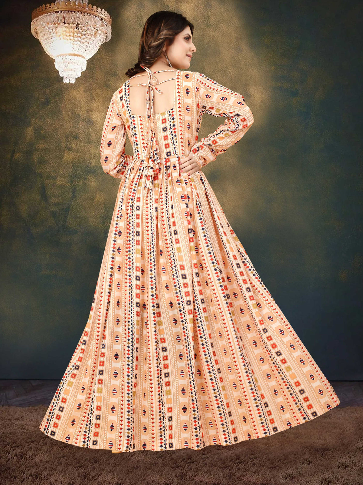 Sonakshi Women's Beige Muslin Digital Print Full Round Flair Anarkali Gown Set | Grocsy