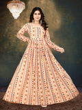 Sonakshi Women's Beige Muslin Digital Print Full Round Flair Anarkali Gown Set | Grocsy